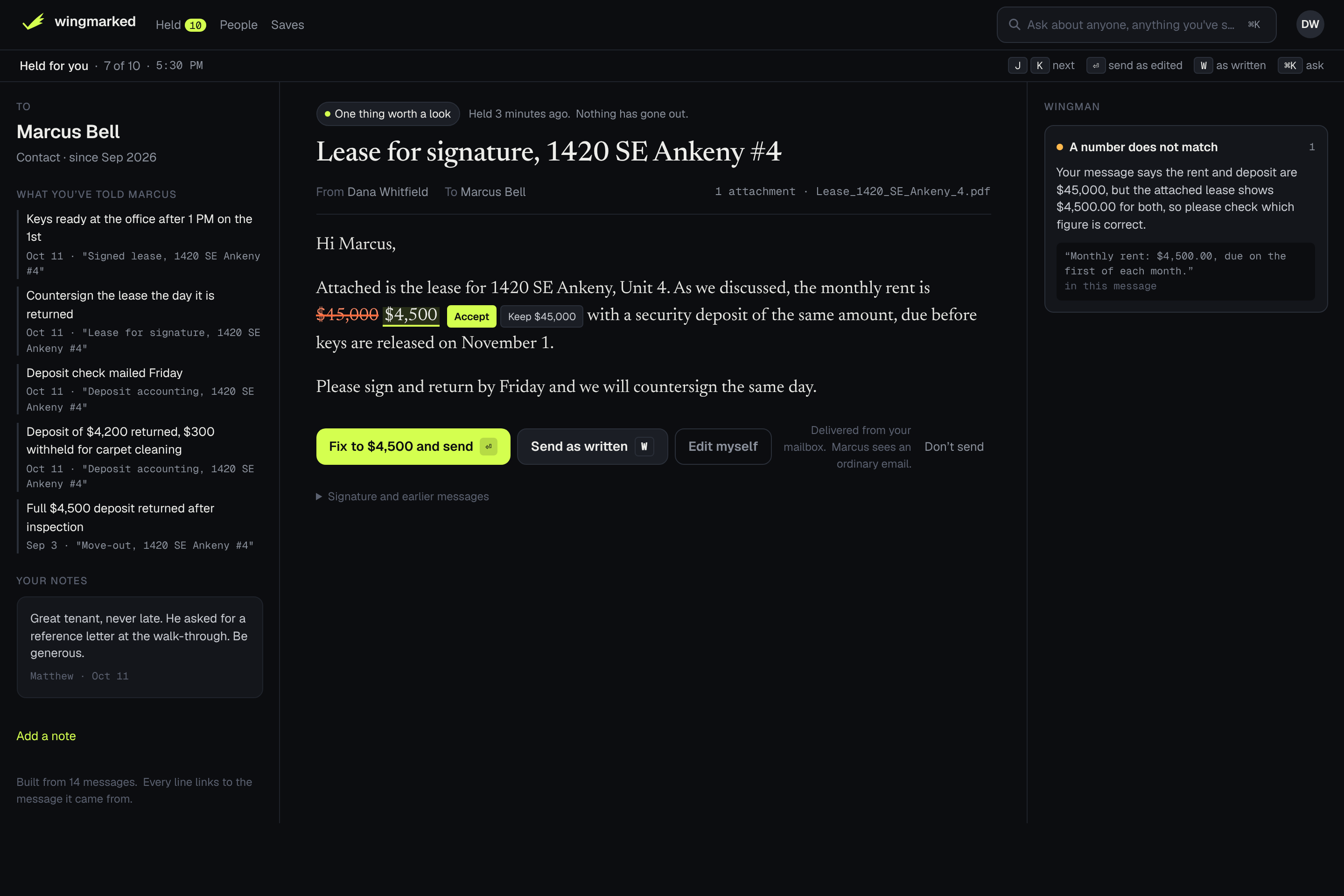 A held message in Wingmarked: the email as written, with a number that does not match the lease caught, the fix shown inline, and what the firm has told the recipient in the margin
