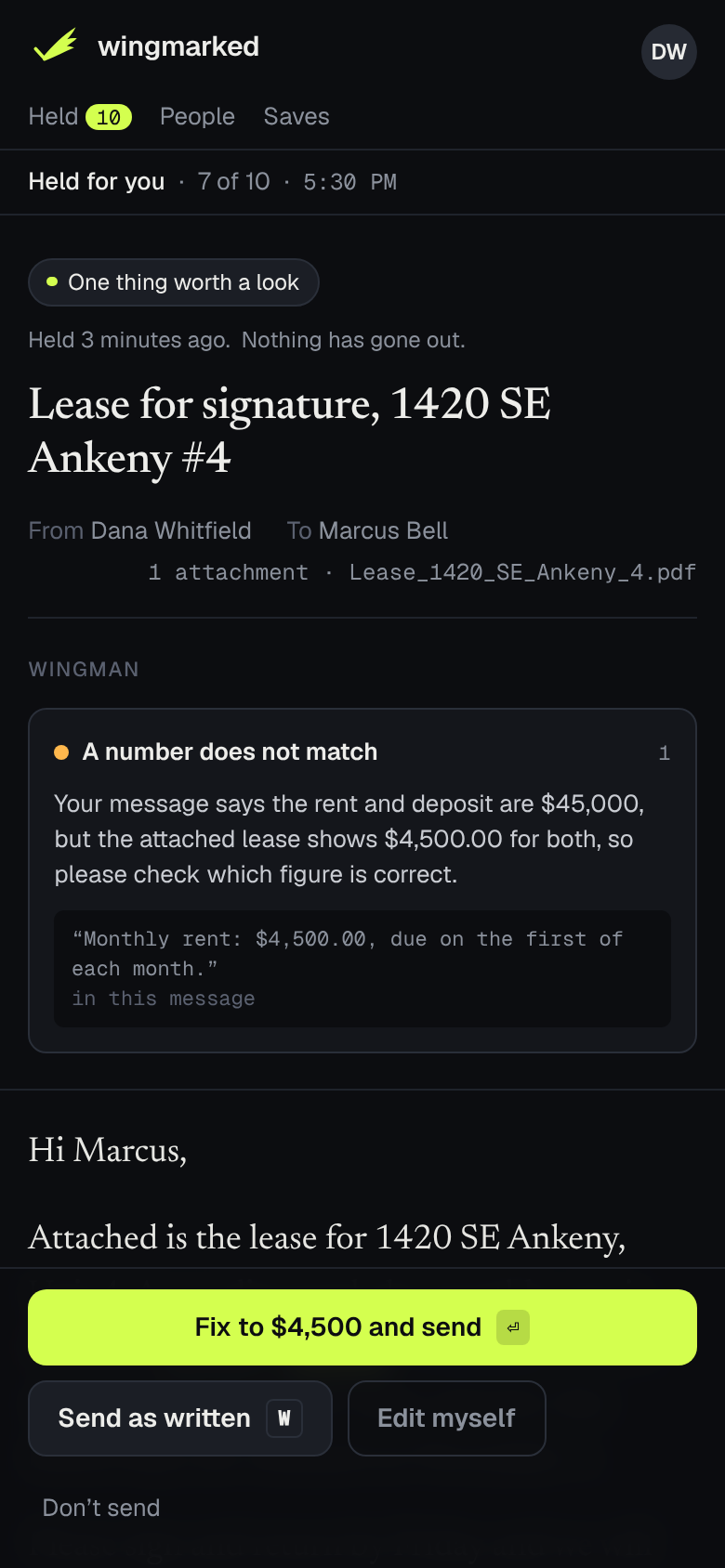The same held message on a phone: the catch as a card with its quote, the message below, and the Fix and send button